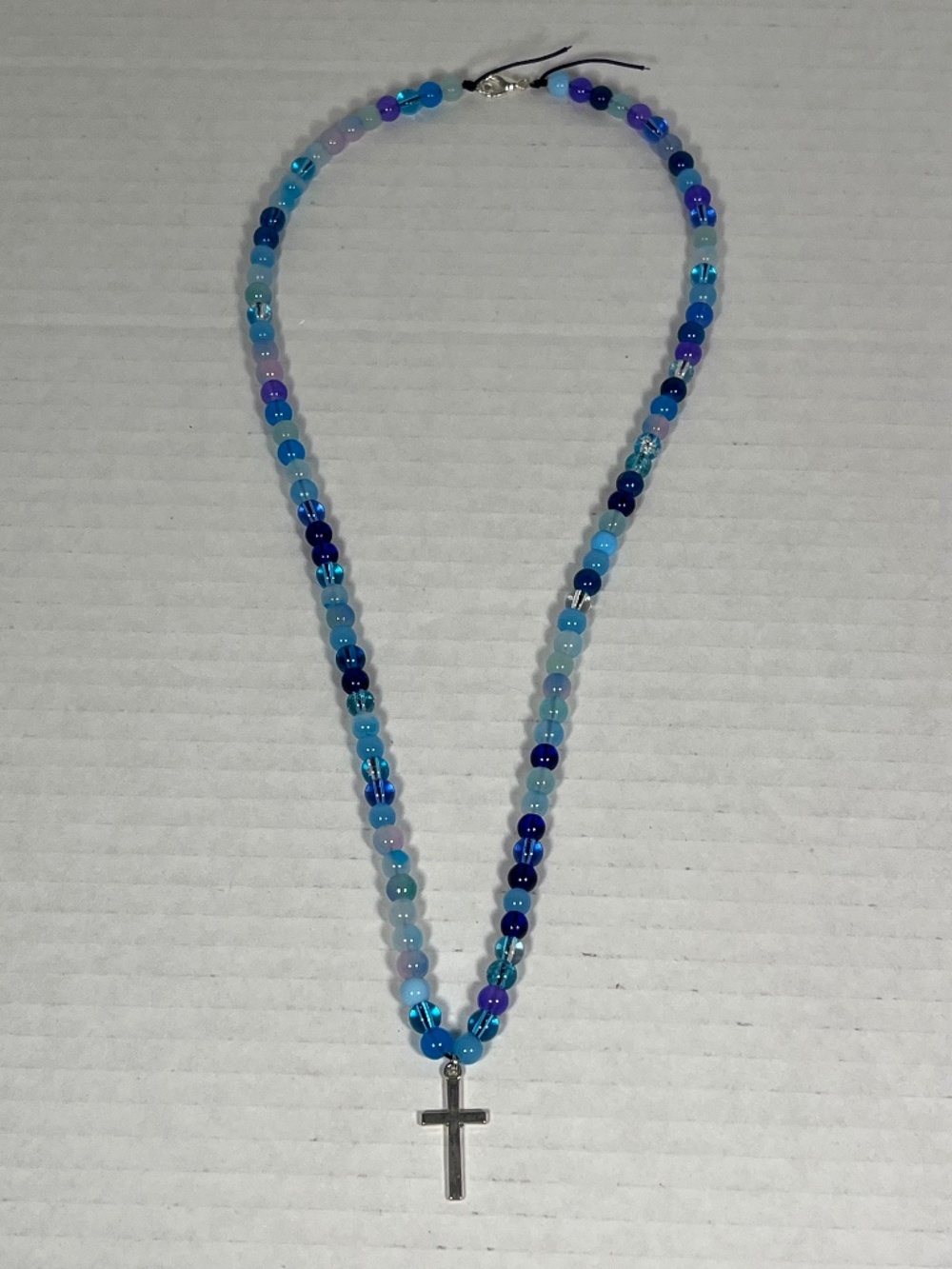 Silver Cross Blue Glass Bead Necklace ~23 inches